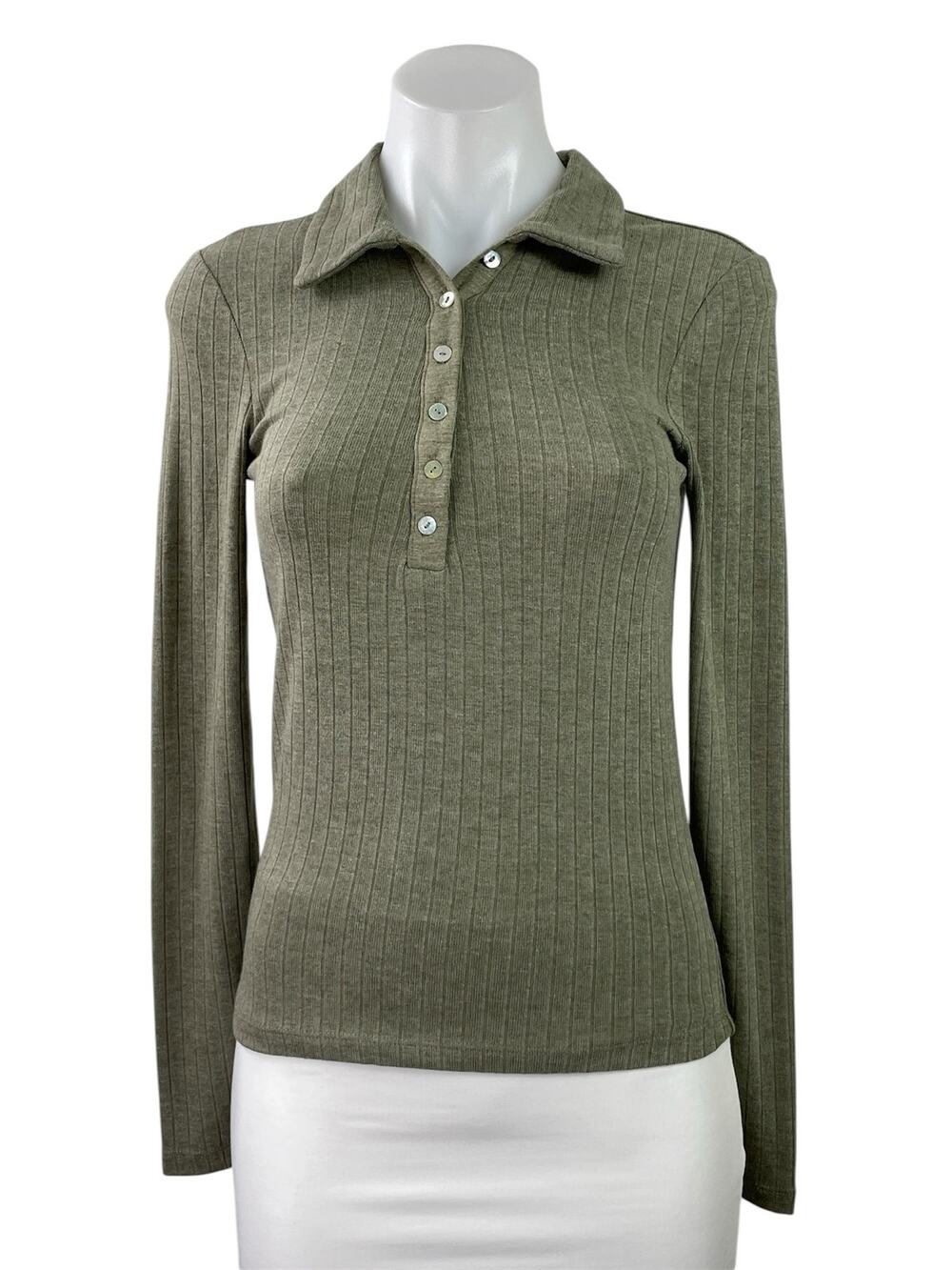 NEW MNG Mango Womens Olive Green Long Sleeve Rib Knit Polo Henley Shirt Top Sz S